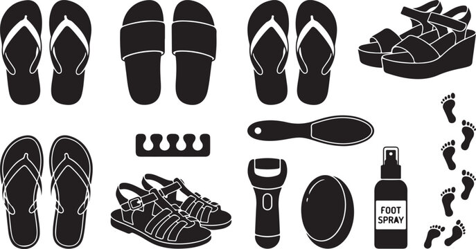 Collection of black silhouettes featuring summer footwear, sandals, flip flops, pedicure tools, a foot spray bottle, and a trail of human footprints isolated on a white background