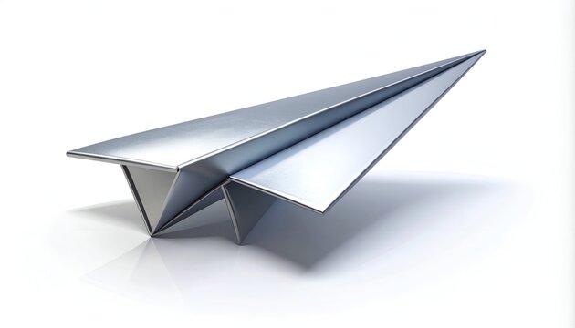 Sleek silver paper airplane on a white background.