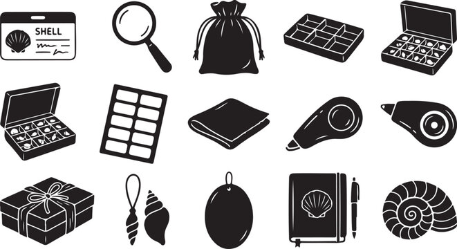 Set of black and white featuring a shell identification card, magnifying glass, drawstring pouch, storage boxes, correction tape, gift box, notebook with pen, and various seashell shapes
