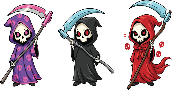 Cute Chibi Grim Reaper Trio &ndash; Colorful Halloween Death Characters Scythe Clipart Set