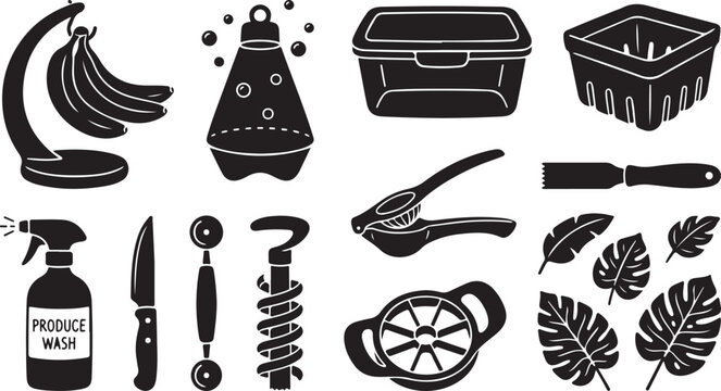 Set of black and white kitchen featuring a banana hanger, produce wash spray, food storage containers, citrus press, apple slicer, corkscrew, melon baller, paring knife, and tropical leaves