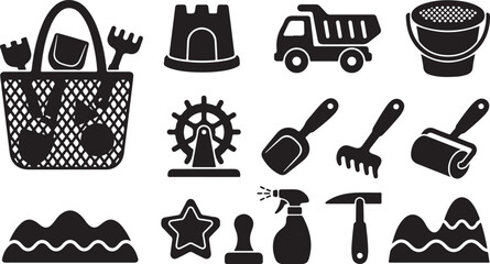 Set of black silhouettes featuring beach toys, including a sand bucket, shovel, rake, dump truck, sandcastle mold, star-shaped cutter, spray bottle, and various sand dune shapes on white background © MdAbu