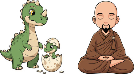 Cute Cartoon Dinosaur Hatching Egg and Meditating Buddhist Monk Clipart Set © MdMonirul
