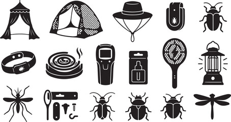 Set of black silhouettes featuring camping gear, insect repellent tools, various beetles, a mosquito, a dragonfly, a tent, a lantern, and protective outdoor accessories on a white background © MdAbu