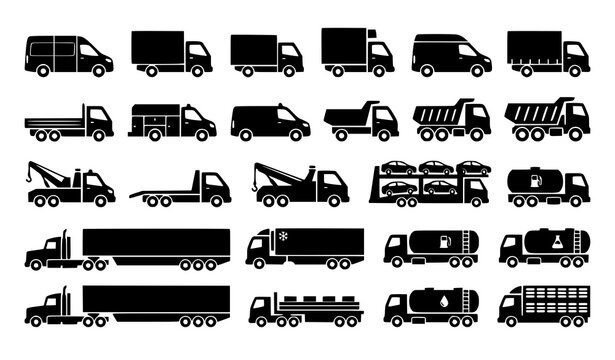 Commercial truck icon set with cargo van dump truck trailer and tow vehicle flat vector isolated on white background