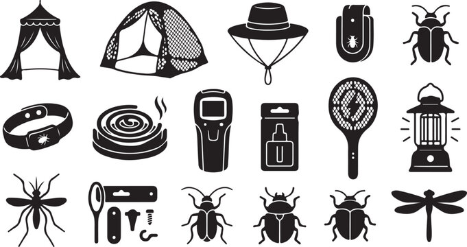 Set of black silhouettes featuring camping gear, insect repellent tools, various beetles, a mosquito, a dragonfly, a tent, a lantern, and protective outdoor accessories on a white background