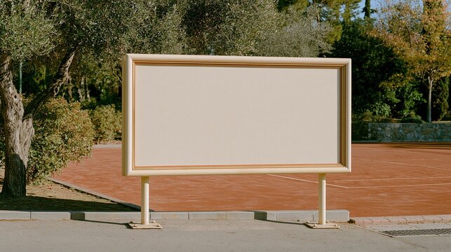 Empty blank beige billboard standing beside clay tennis court in sunny park surrounded by green trees ideal for outdoor advertisement display