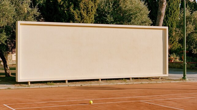 Large blank beige tennis practice wall standing on outdoor clay tennis court with single yellow tennis ball on ground surrounded by lush green trees in sunny day