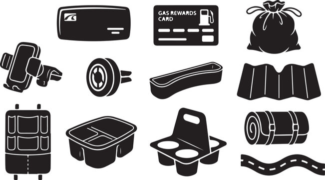 Set of black silhouettes representing car accessories and travel gear, including a gas rewards card, phone mount, air vent clip, storage organizer, cup holder, sunshade, and a rolled sleeping mat