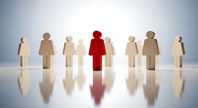 Red female figure standing out from wooden crowd, leadership and gender equality concept, unique woman leader among wooden silhouettes