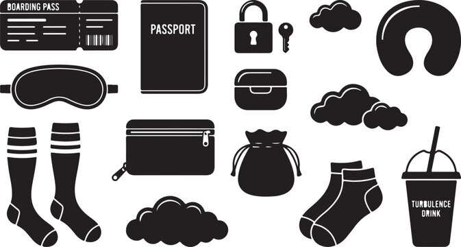 Set of black travel silhouettes featuring a boarding pass, passport, padlock, neck pillow, sleep mask, clouds, socks, zippered pouch, drawstring bag, and a turbulence drink cup on white background