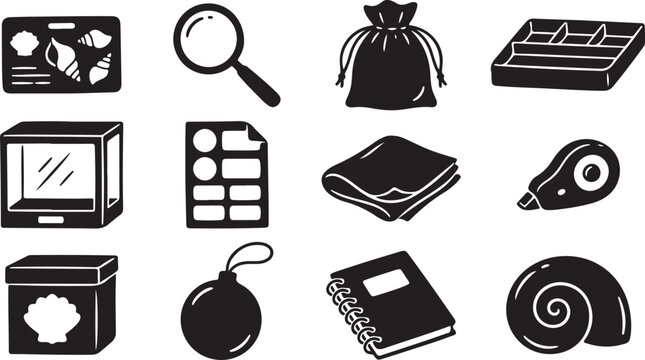Set of twelve black and white flat featuring a seashell collection box, magnifying glass, drawstring pouch, drawer organizer, display case, checklist, folded cloth, correction tape, and shell