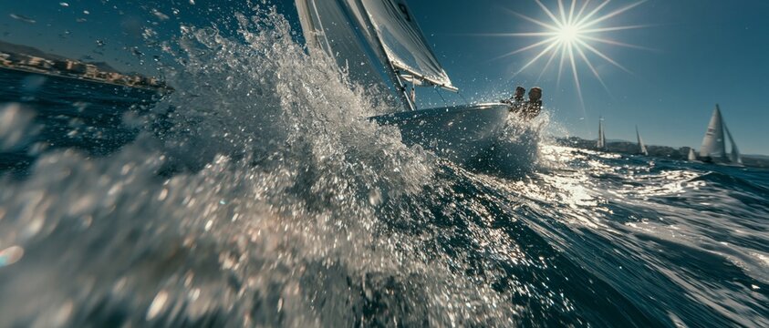 A sailing boat cuts through the waves under a bright sun &mdash; a dynamic backdrop for sailing, summer holidays and maritime adventures.