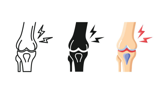 Knee joint pain vector illustration set with outline solid and flat styles