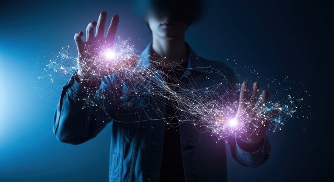 Man with glowing purple particles, futuristic technology concept, innovation and science, digital connections