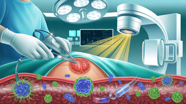 Oncology Medical Science fighting Cancer and malignant tumors with surgical removal or radiation treatment to eliminate cancerous cells as a symbol of Immunology with immunotherapy or chemotherapy. 