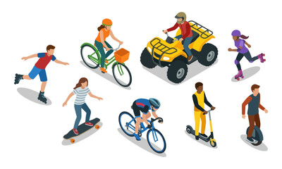 Personal transport vehicles set with people riding in isometric view © bayu