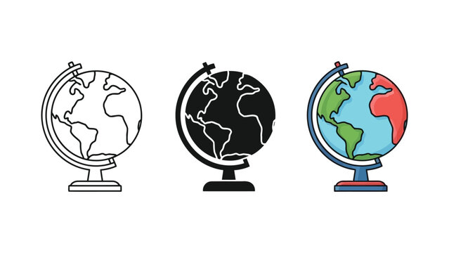 Set of world globe vector illustrations in outline silhouette and colored styles