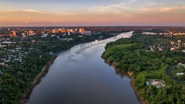 Paraguai border. Foz do Iguacu, Ponte da Amizade aerial view. Time lapse