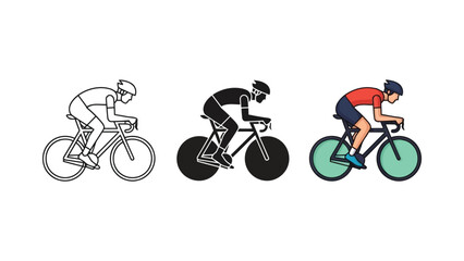 Fototapeta premium Cyclist on road bike vector illustration set in outline silhouette and flat style