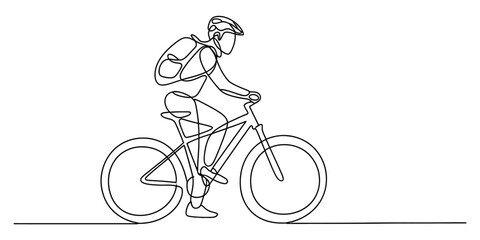 Fototapeta premium Continuous single line drawing of a person riding a mountain bike