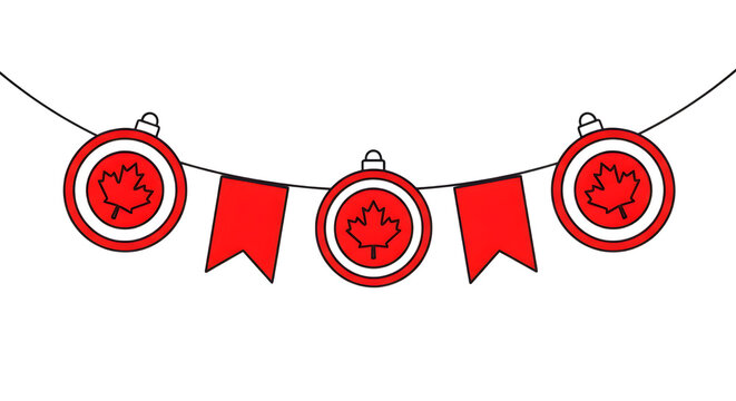 Red Canadian maple leaf bunting garland with circular ornaments isolated on transparent background for national holiday celebration