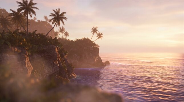 A serene tropical island sunset featuring palm trees on rocky cliffs overlooking the ocean waves