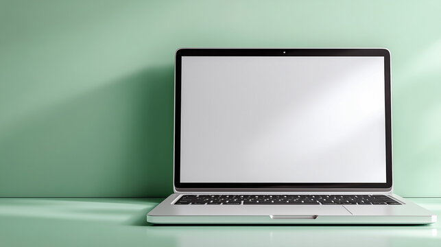 Sleek laptop with blank white display sits against a mint green wall, casting soft shadows under bright indoor lighting.