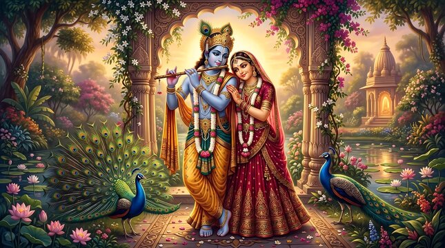 Radha Krishna's Loving Embrace in the Garden