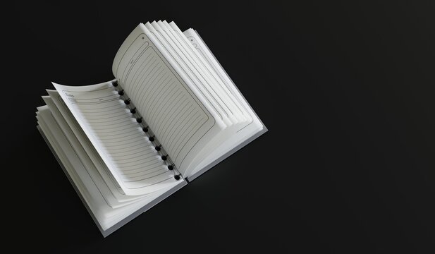 Notebook, open notebook, blank paper, 3D illustration.