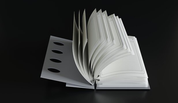 Notebook, open notebook, blank paper, 3D illustration.