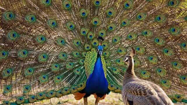 Spectacular mature male peacock proudly displays his vibrantly iridescent tail feathers in a breeding courtship ritual, while a receptive female peahen observes his magnificent presentation