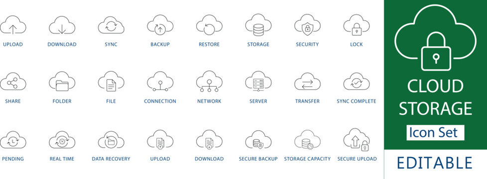 cloud storage icon set: professional data backup and restore, secure file upload and download, server network connection, and mobile ui sync line icons