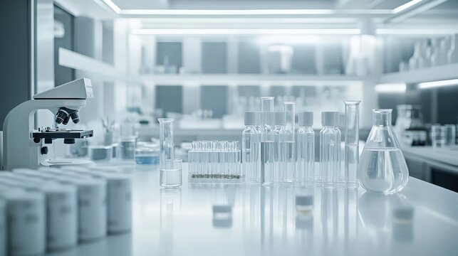 Laboratory glassware arrangement on reflective counter with scientific equipment in modern research facility