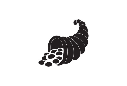 Black cornucopia, horn of plenty, overflowing abundance, vector icon