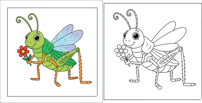 Cute Grasshopper Holding Flower coloring page