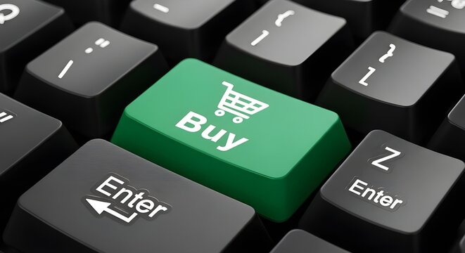 Clicking the green 'Buy' button with a shopping cart icon on a computer keyboard, symbolizing online shopping and e-commerce transactions.