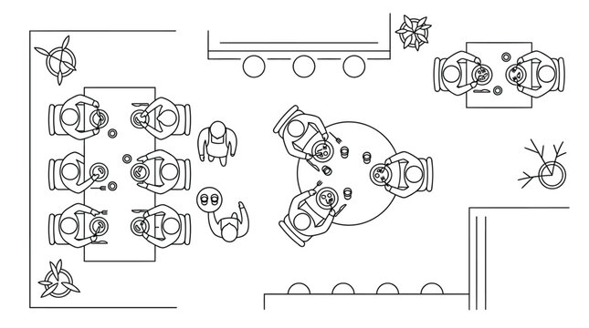 Top view of a restaurant floor plan with dining tables, chairs, and people eating