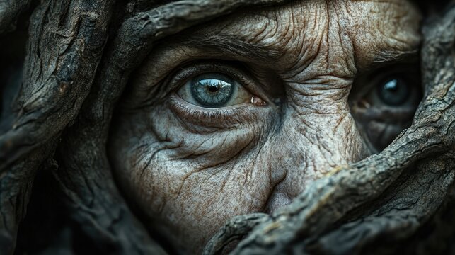 Old face with weathered skin and piercing blue eyes