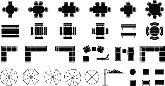 Outdoor furniture CAD library with top-down plan view silhouettes of dining sets, sofas, and umbrellas for architectural landscape design vector