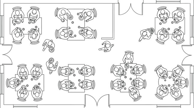 Top view of a restaurant floor plan with people sitting at tables and eating