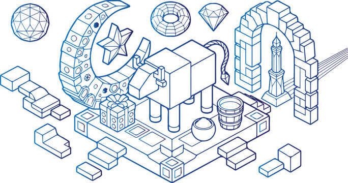 Isometric voxel art coloring page of pixel game sheep and block fortress