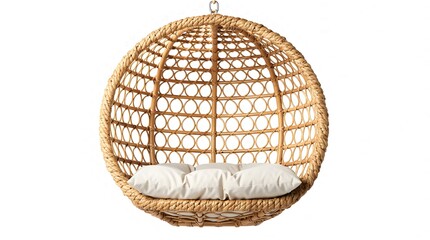 Fototapeta premium Wicker egg chair with plump white cushions offers a cozy retreat on a bright background.
