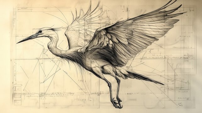 Sketch of prehistoric dinosaur in flight over ancient landscape on aged paper