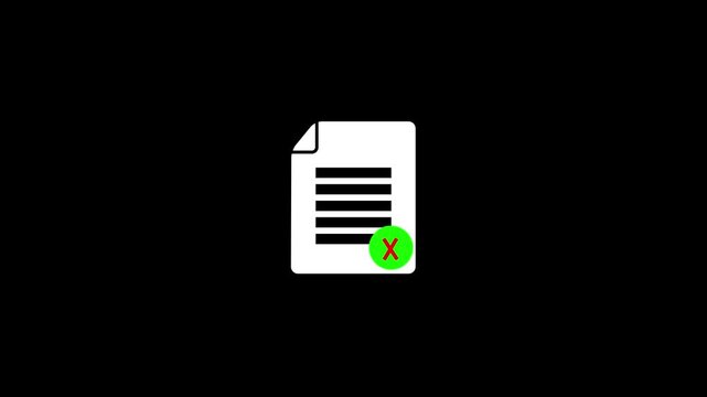 Rejected Document Icon with Red Cross Mark on Black Background, File Error and Task Failure Animation, Digital Decline Concept
