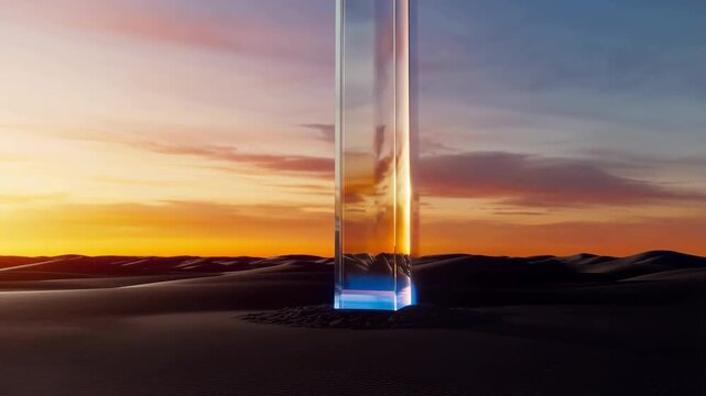 Futuristic monolith activating with glowing blue liquid in a desert at sunset