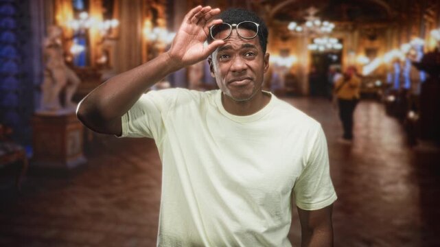 Man lifting sunglasses to forehead and squinting in ornate museum building wearing yellow tshirt; curiosity.
