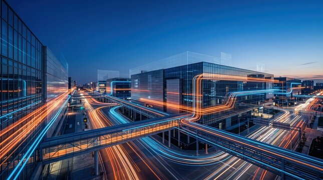 Smart city buildings at night with orange pulses, logistics digital data stream traces roads, urban tech infrastructure