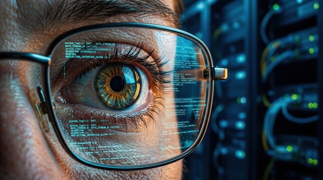 Macro shot of eye with digital data stream on glasses, glowing virtual interface reflection, future human technology