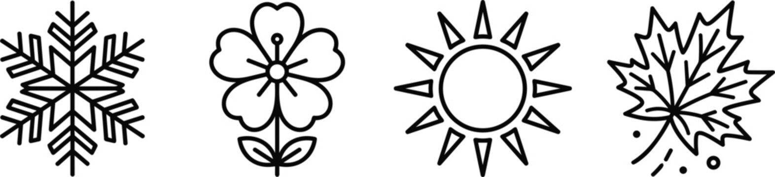 Collection of minimalist line icons representing seasons including snowflake for winter flower for spring sun for summer and leaf for autumn